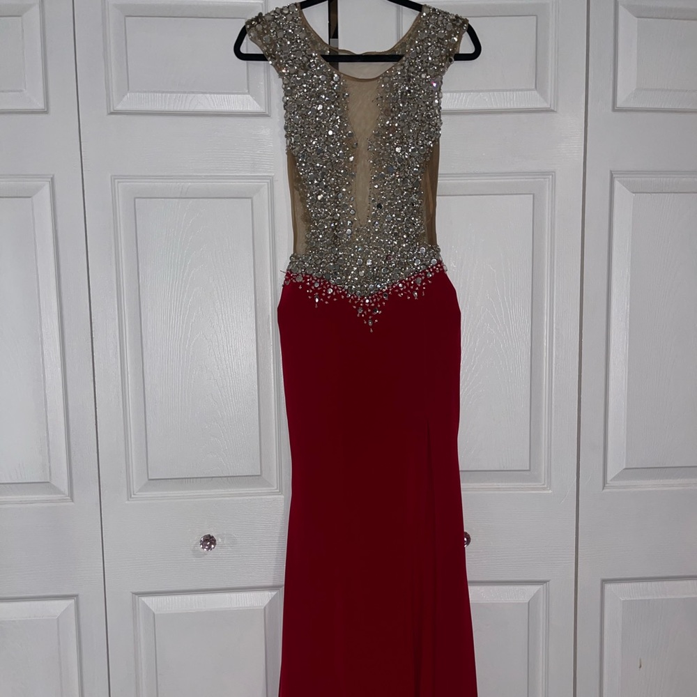 Jovani red and silver beaded prom dress